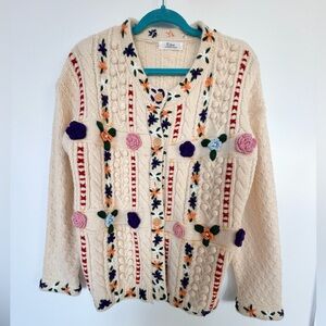 Embroidered Floral Cardigan Sweater - Cream